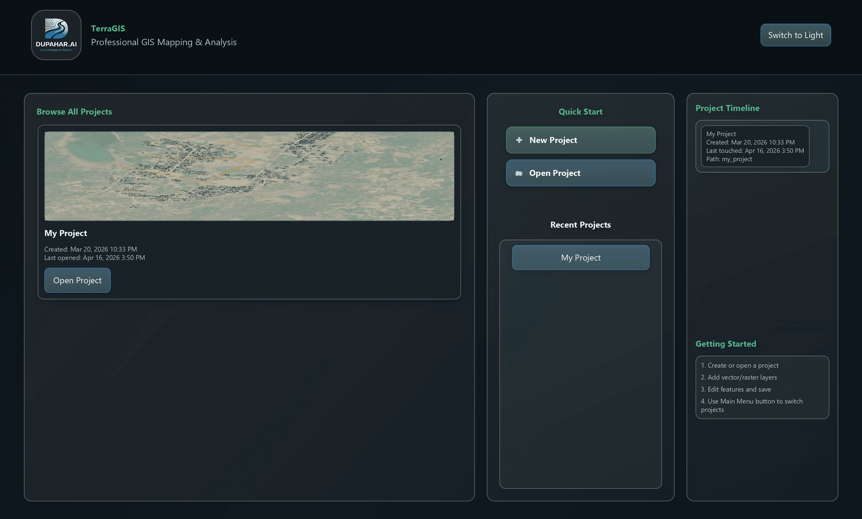 TerraGIS Project Dashboard — Browse projects, quick start, timeline
